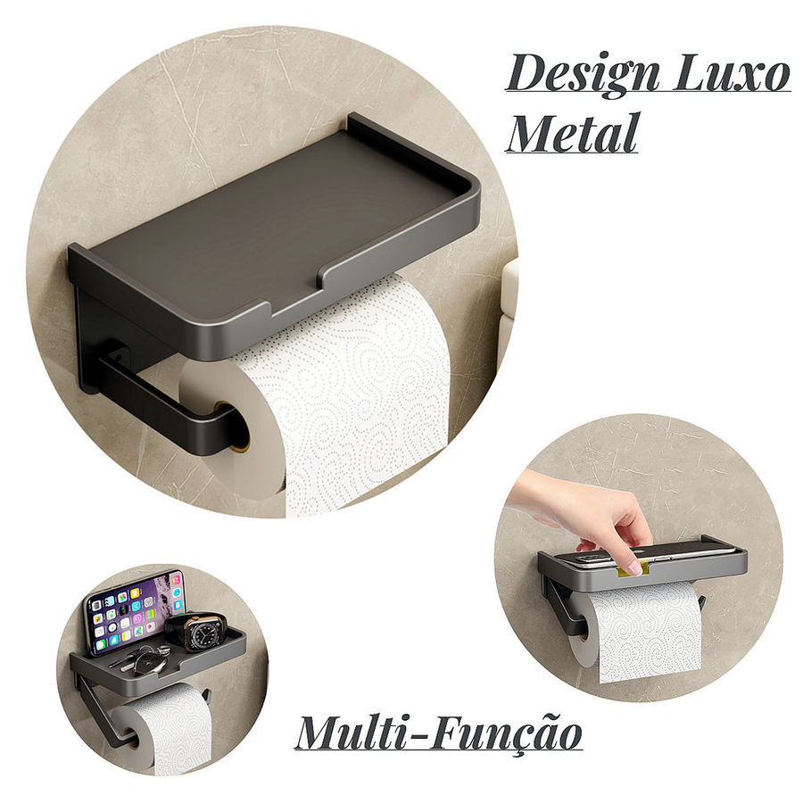 Suporte Porta Papel Higiênico Preto com Porta Celular — Praticidade e Estilo no Seu Banheiro!