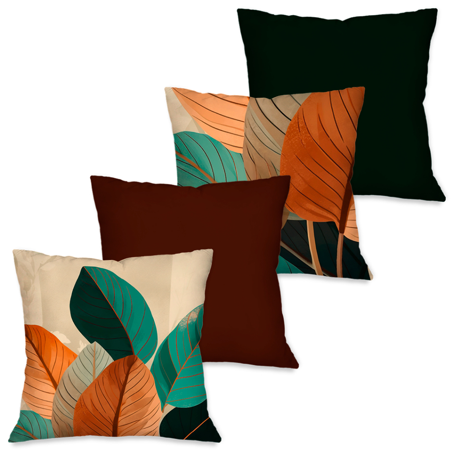 Kit 4 Capas de Almofadas Decorativas Folhagens Douradas