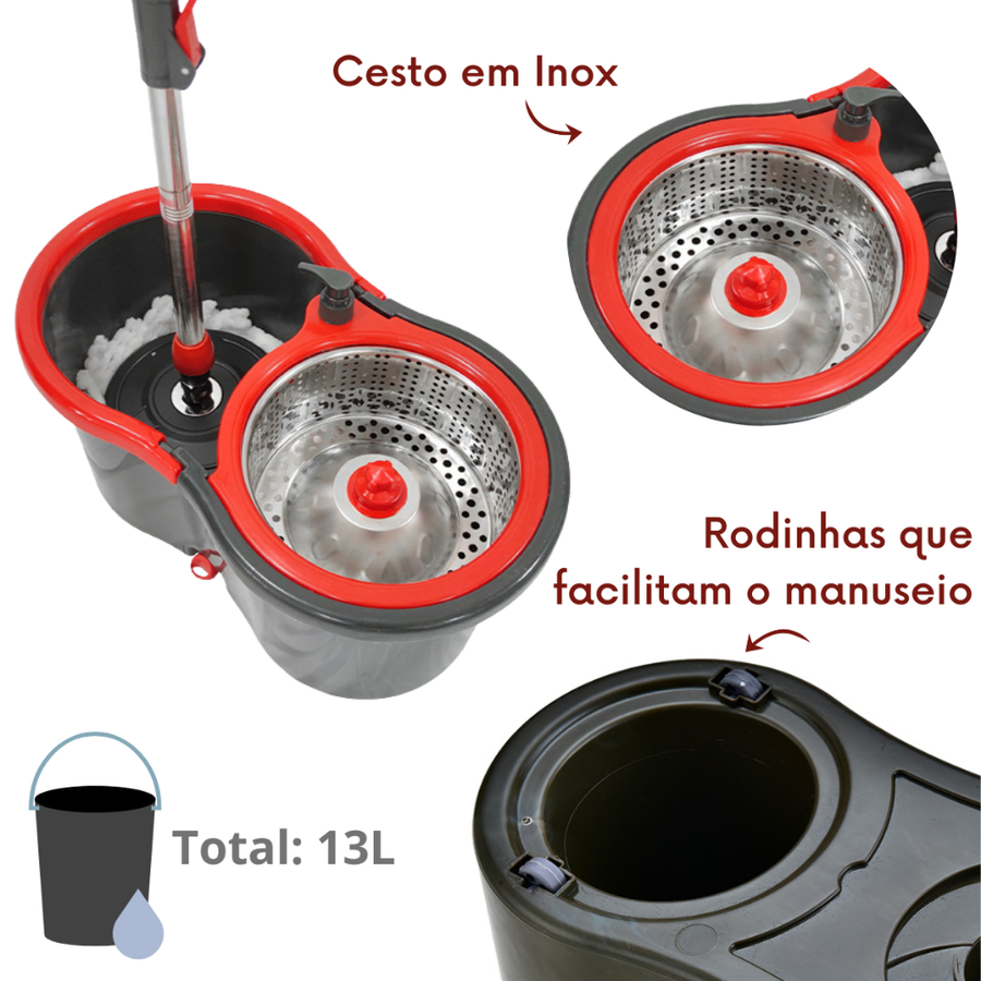 Mop Giratório 360° PowerMaid Original – Balde com Cesto Inox | Praticidade, Economia e Limpeza Profunda Para Quem Valoriza o Tempo e a Casa!