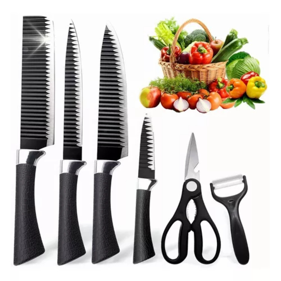 Kit Profissional 6 Peças – Conjunto Completo para Churrasco, Carne e Legumes com Facas, Descascador e Tesoura de Alta Resistência