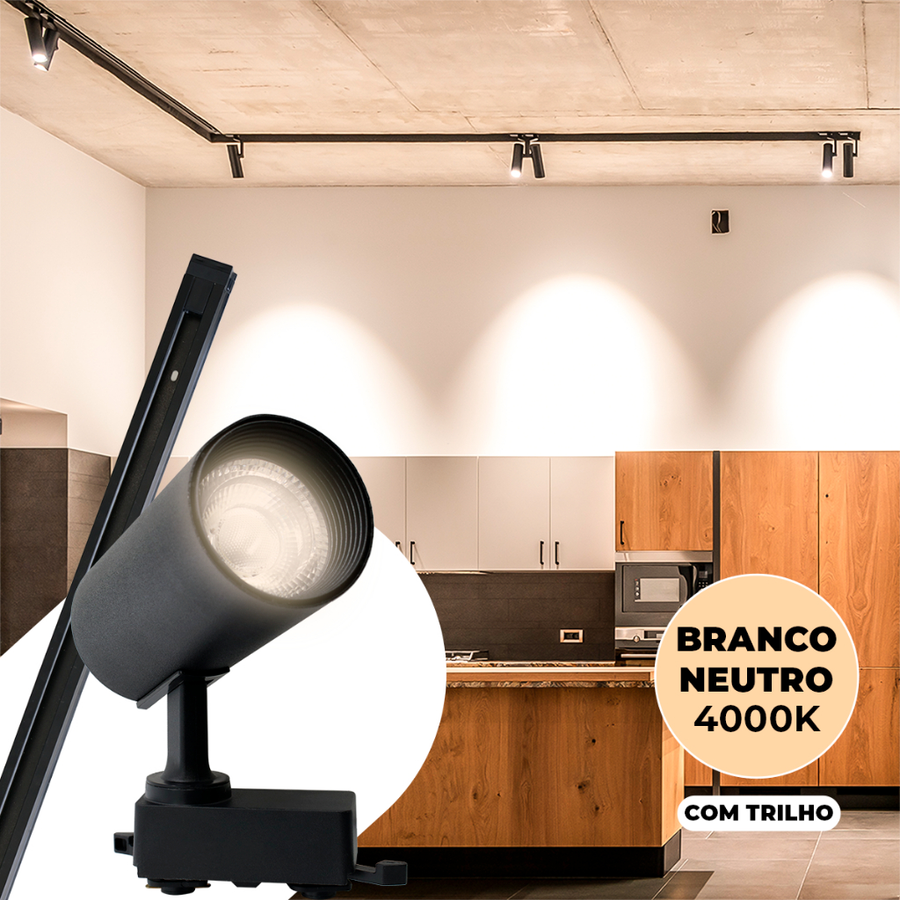 Trilho Spot LED Eletrificado 10W Kit - Preto e Branco, Luz Fria, Neutra e Quente, Bivolt - Iluminação Interna Econômica para Ambientes Comerciais e Residenciais