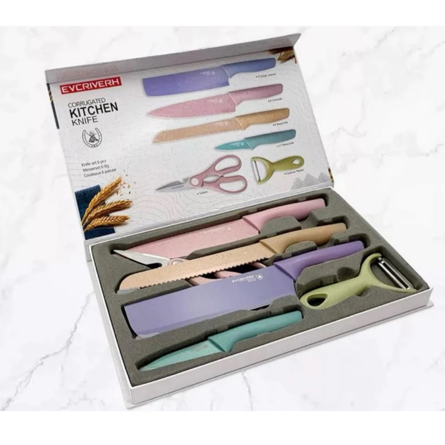 Kit Profissional 6 Peças – Conjunto Completo para Churrasco, Carne e Legumes com Facas, Descascador e Tesoura de Alta Resistência
