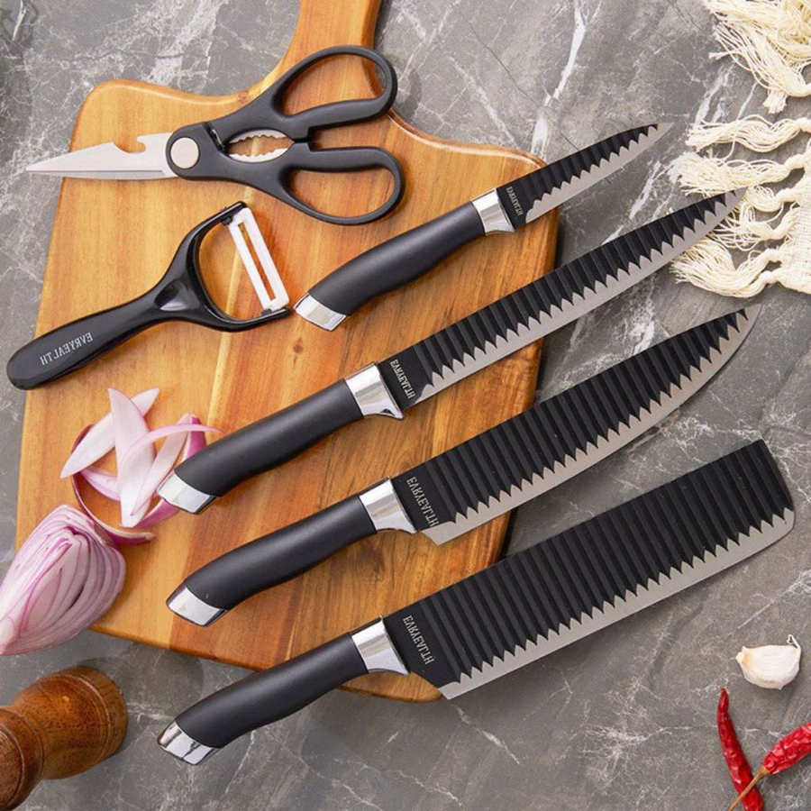 Kit Profissional 6 Peças – Conjunto Completo para Churrasco, Carne e Legumes com Facas, Descascador e Tesoura de Alta Resistência