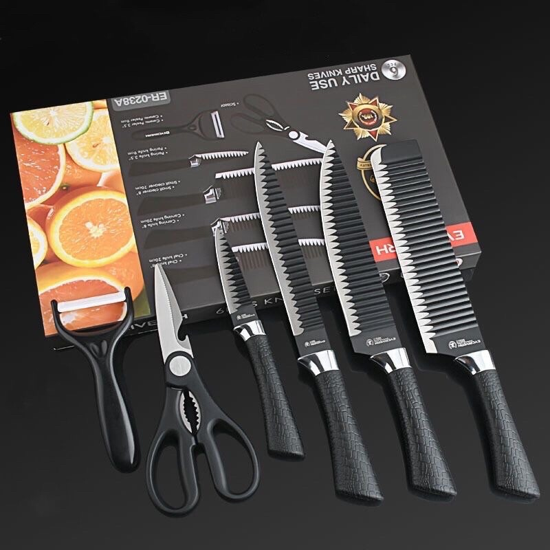 Kit Profissional 6 Peças – Conjunto Completo para Churrasco, Carne e Legumes com Facas, Descascador e Tesoura de Alta Resistência