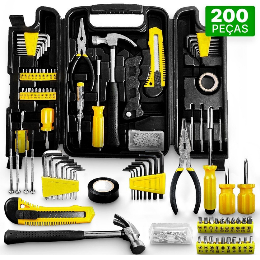 Kit de Ferramentas Profissional 200 Peças com Maleta – Praticidade, Resistência e Facilidade no Transporte para Obras e Manutenção