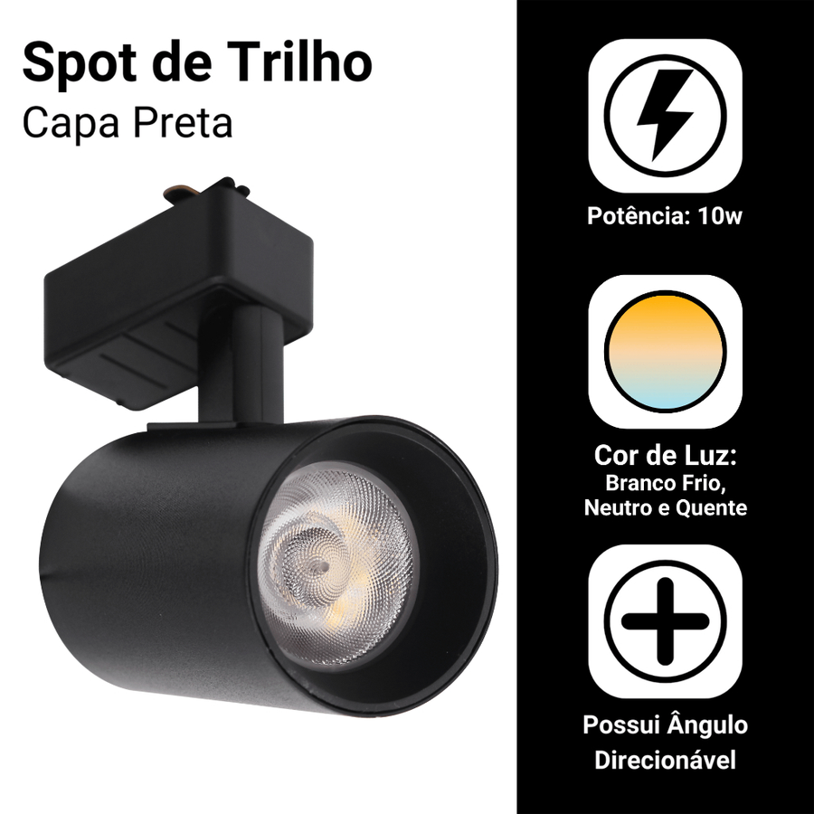 Kit Trilho Spot LED Eletrificado Preta Branca 10w Luz Frio Neutro Quente Interno Econômico Bivolt