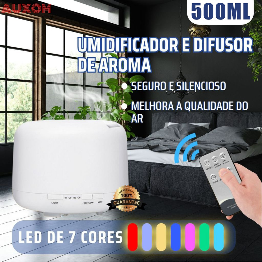 Umidificador Aromatizador 500ML com LED 7 Cores + Controle Remoto – Relaxamento, Ar Puro e Bem-Estar para Casa e Escritório, respire fundo e sinta a diferença!