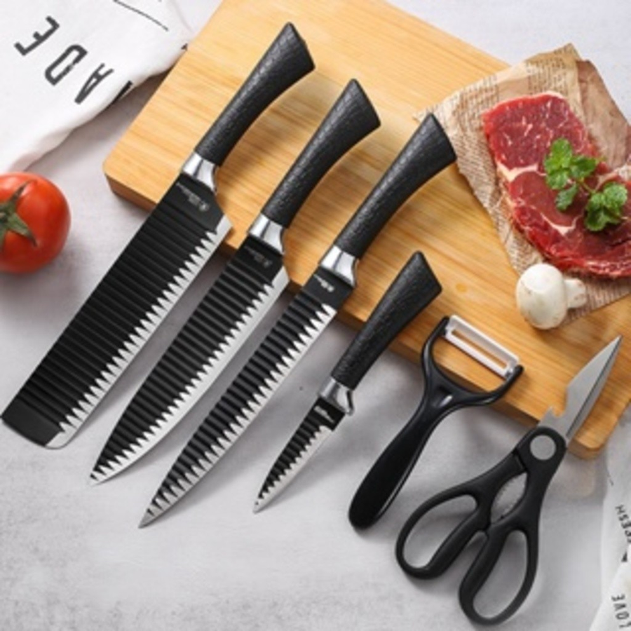 Kit Profissional 6 Peças – Conjunto Completo para Churrasco, Carne e Legumes com Facas, Descascador e Tesoura de Alta Resistência