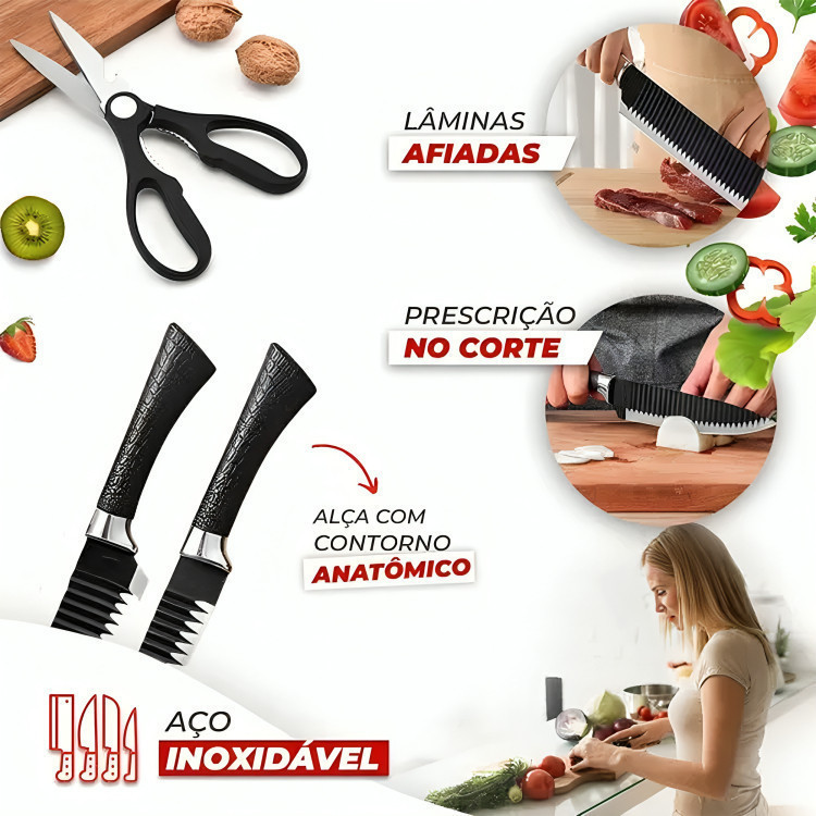 Kit Profissional 6 Peças – Conjunto Completo para Churrasco, Carne e Legumes com Facas, Descascador e Tesoura de Alta Resistência