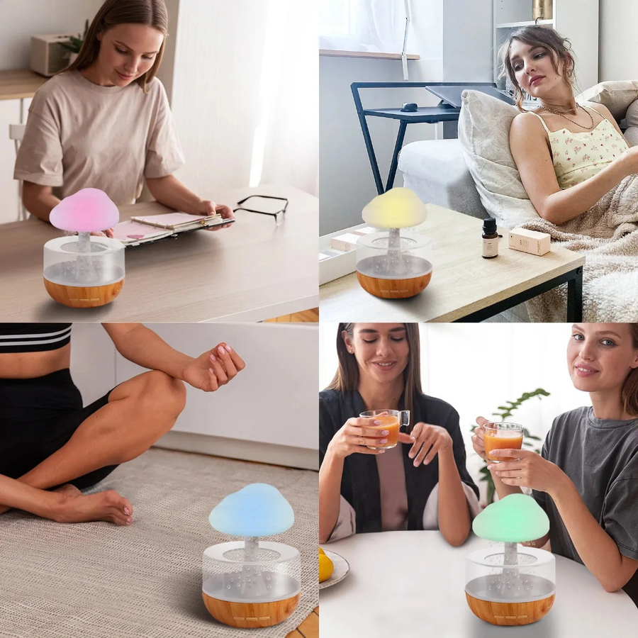 Umidificador Difusor de Aroma Nuvem & Chuva | Luz Noturna 7 Cores | Bem-estar, Sono Tranquilo e Ambiente Encantador – Recarregável, Silencioso e Decorativo